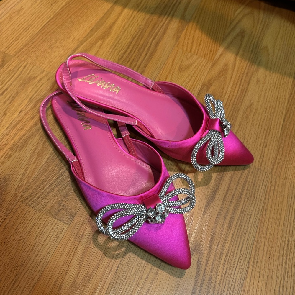 Liliana Fuchsia Satin Mules with Rhinestone Bow - Picture 2 of 5